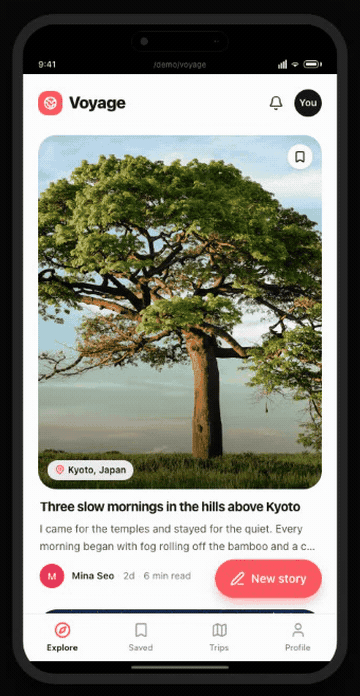A compose sheet rises while the originating page recedes into blur.